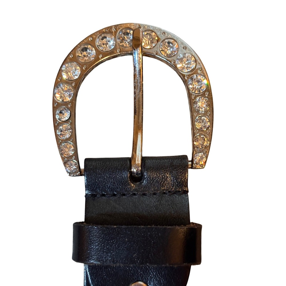 Unbranded Braided Leather Belt Women 36 Black Excellent Rhinestone Horseshoe - Picture 2 of 5